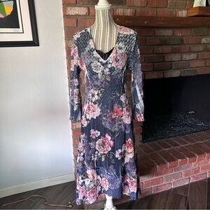 Komarov Lace Sleeve Charmeuse Floral Midi Dress in Coral Glow Sz M